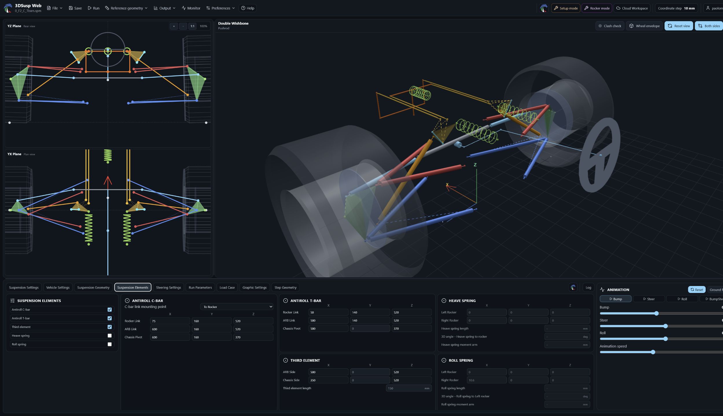 Suspension model with anti-roll bar and third element shown in the engineering workspace