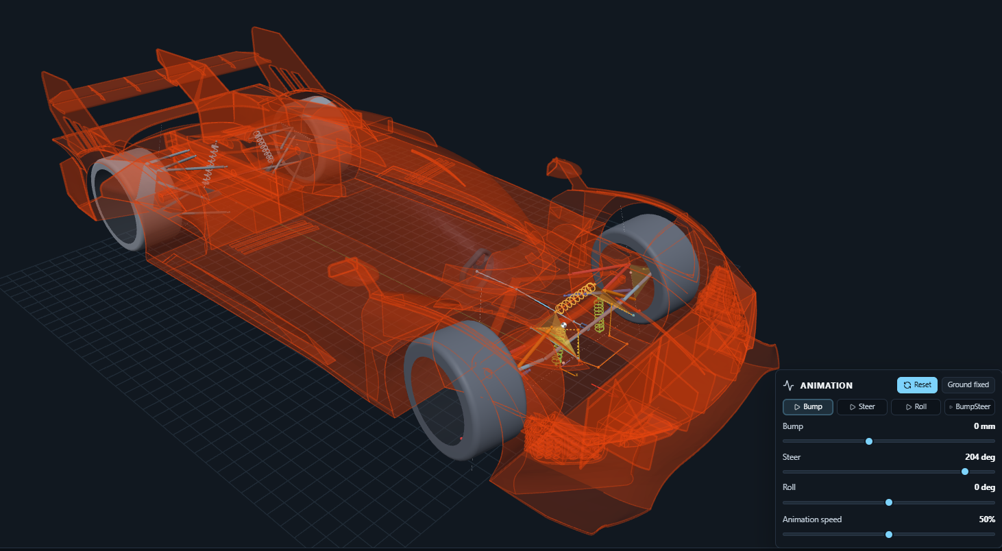 Imported race-car bodywork surrounding the suspension and wheel geometry in the 3DSusp Web workspace