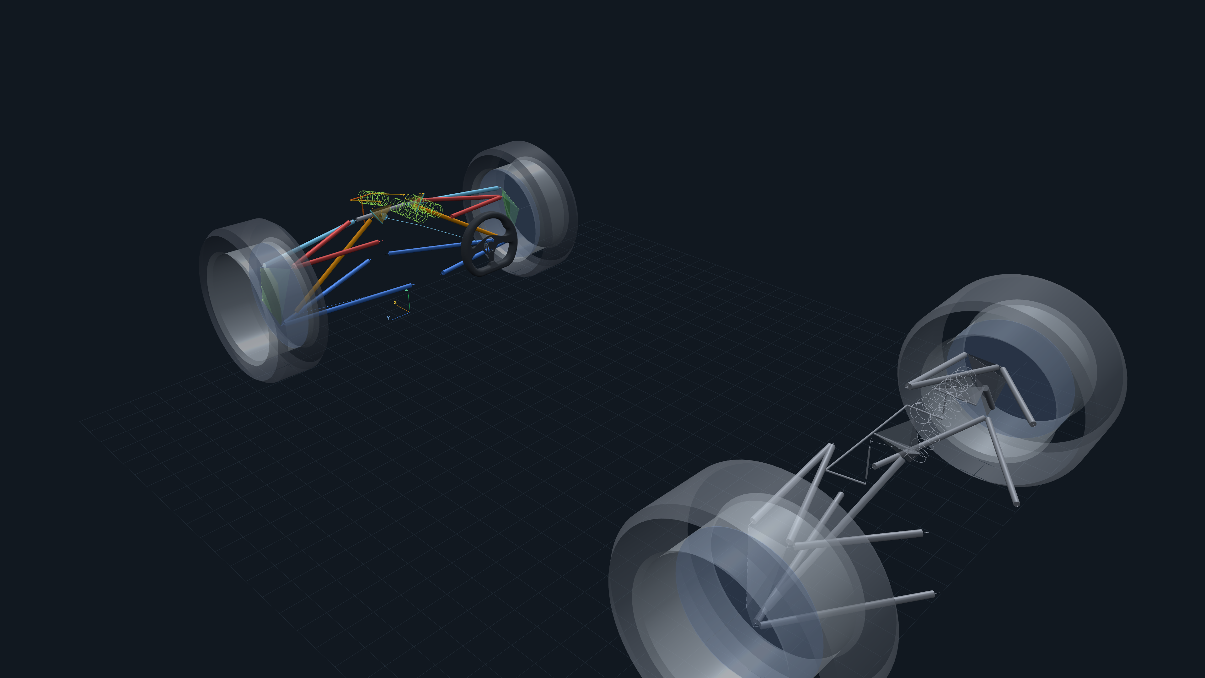 Front and rear suspension assemblies positioned together as one full vehicle model