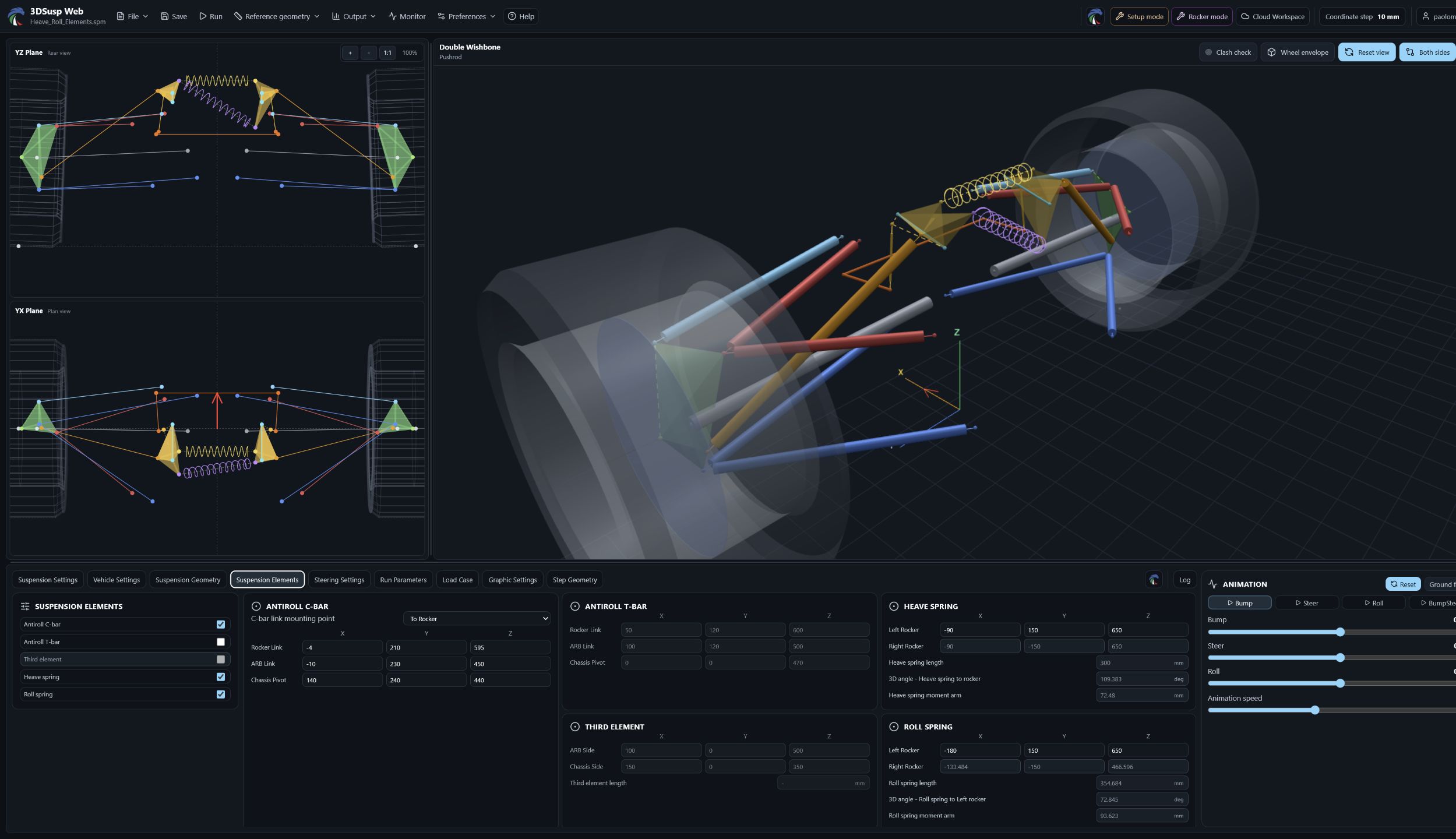 Suspension workspace with decoupled heave and roll elements, synchronized views and the model data