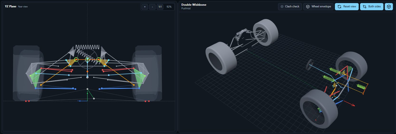 Full vehicle workspace showing synchronized orthographic and three-dimensional views of both axles