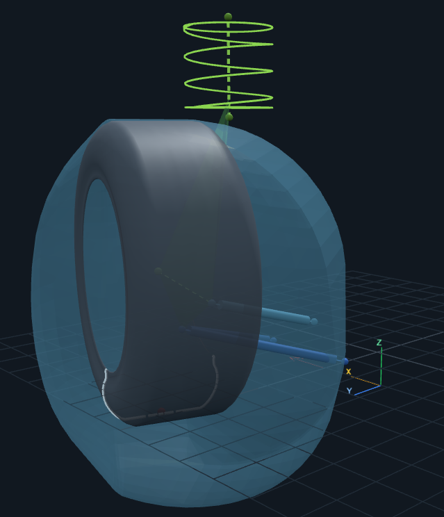 Wheel envelope surrounding a tyre to show the volume swept across suspension and steering motion