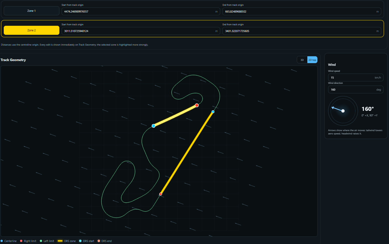 Track view with two yellow DRS zones, start and end markers, and wind set to 15 kilometres per hour at 160 degrees